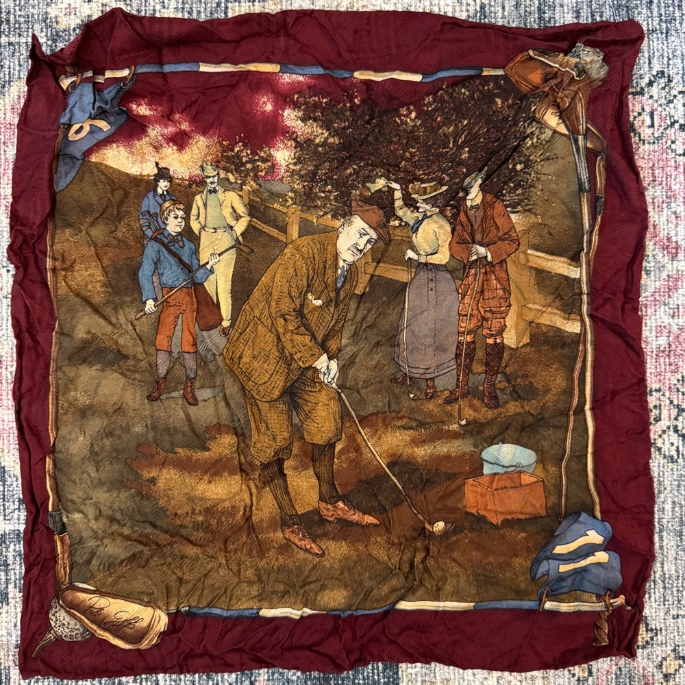 Vintage Polo Golf by Ralph Lauren Silk Golf Scene Square Pocket Scarf
